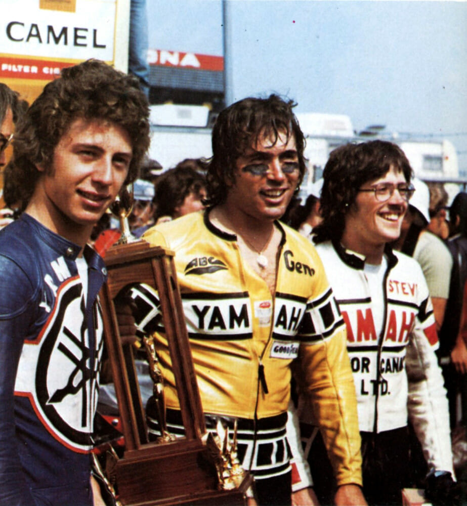 Romero (center) after winning the 1975 Daytona 200 along with third-place finisher Johnny Cecotto (left) and runner up Steve Baker.