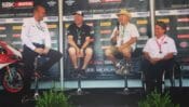 Michael Hill chats with a panel consisting of Kenny Roberts Jr., Kenny Roberts and Wayne Rainey last year at WeatherTech Raceway Laguna Seca. Hill will host MotoAmerica Live+ streaming from three events in 2019.