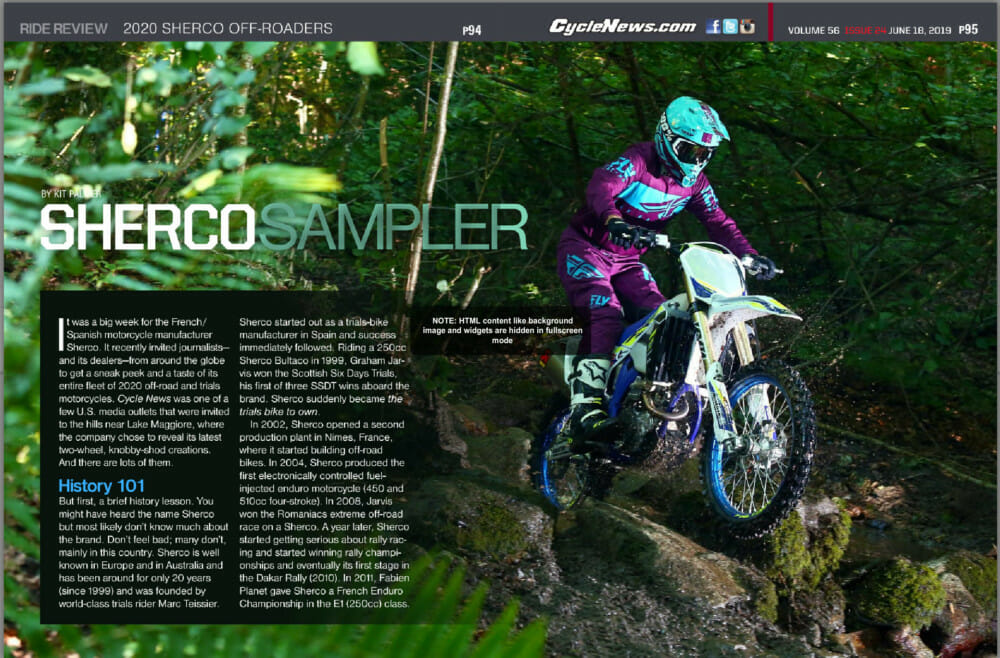 Sherco recently invited journalists—and its dealers—from around the globe to get a sneak peek and a taste of its entire fleet of 2020 off-road and trials motorcycles.