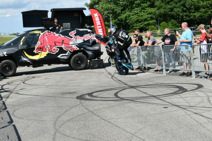 Aaron Colton putting on a stunt show at the 2019 Barber Small Bore event