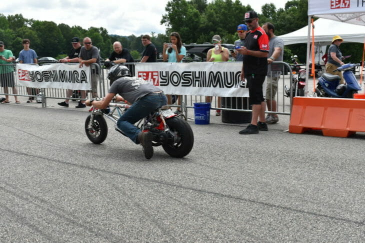 A bike takes off on the Yoshimura drag strip at the 2019 Barber Small Bore event.