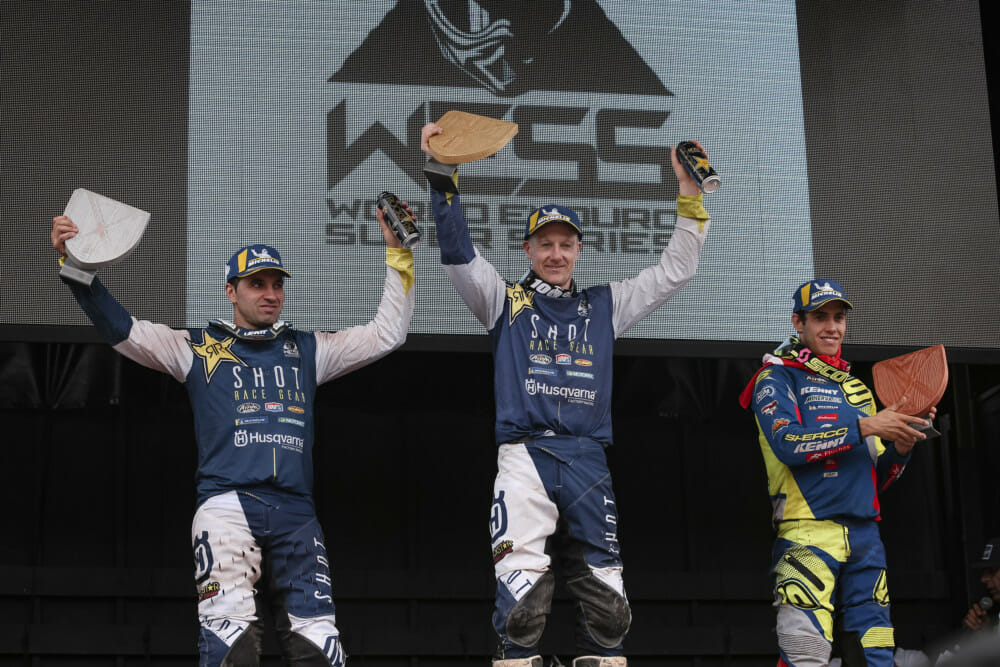Graham Jarvis, Alfredo Gomez and Mario Roman celebrate the podium at the fourth stop of the World Enduro Super Series in Aguilar de Campoo, Spain on June 23, 2019.