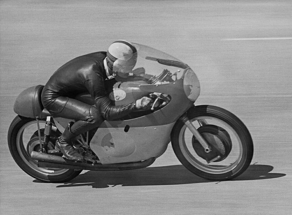 Mike “The Bike” Hailwood on the MV Agusta 500 in the early 1960s. The thinking on motorcycle design hasn’t changed much since then.