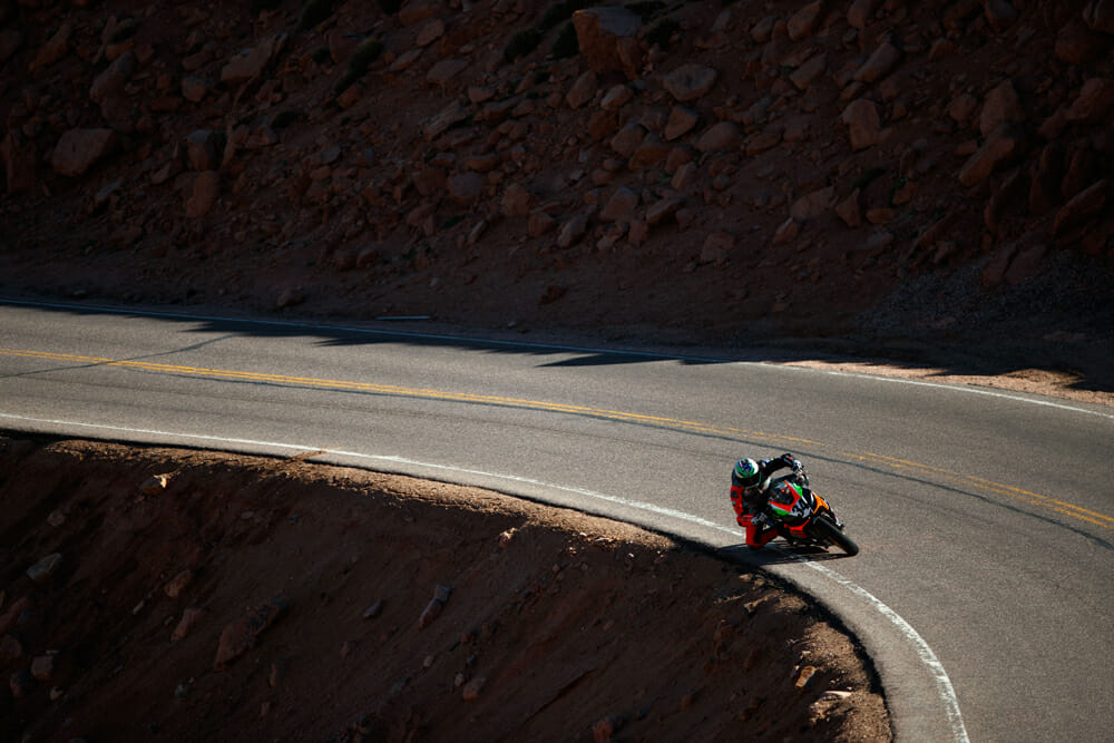 The W’s provide the steepest elevation increase as Rennie banks into the penultimate corner of the section during practice.