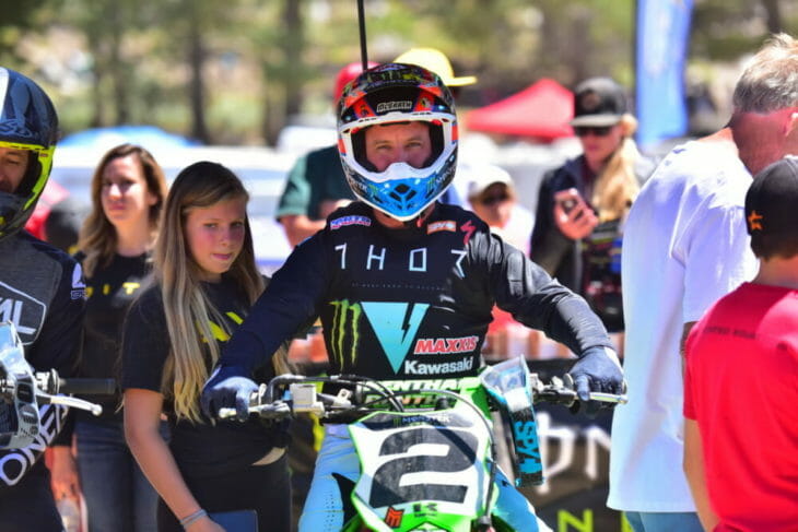 The "King of Supercross" Jeremy McGrath and his daughter on the starting gate.