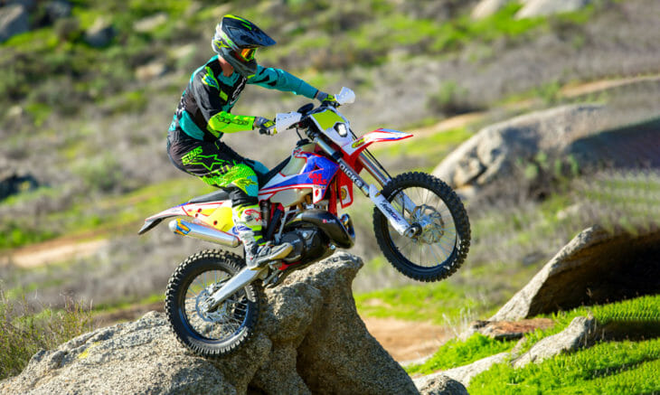 GasGas’ enduro bikes are more than capable at technical obstacles. We like the stock versions just fine, but adding MotOz Mountain Hybrid Gummy tires makes it a rock crawler.
