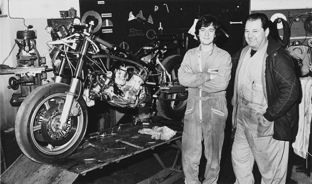 Giuseppe “Peppino” Pattoni (right) with his son Roberto with the Paton 4V115 in 1984.