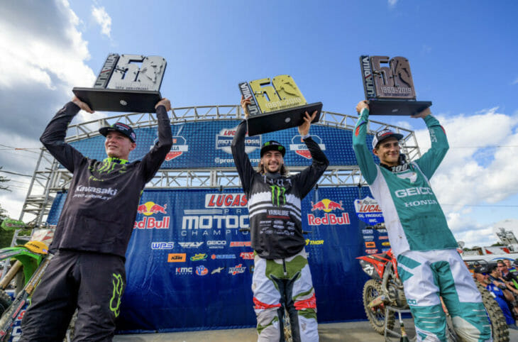 Round 10 of the 2019 AMA Pro Motocross Championship returned after a weekend off for the 50th Anniversary of Unadilla motocross with Monster Energy®/Pro Circuit/Kawasaki rider Adam Cianciarulo adding another podium finish to his resume with a second-place overall after finishing 1-2 for the day and maintained a 28-point lead in the 250 class standings