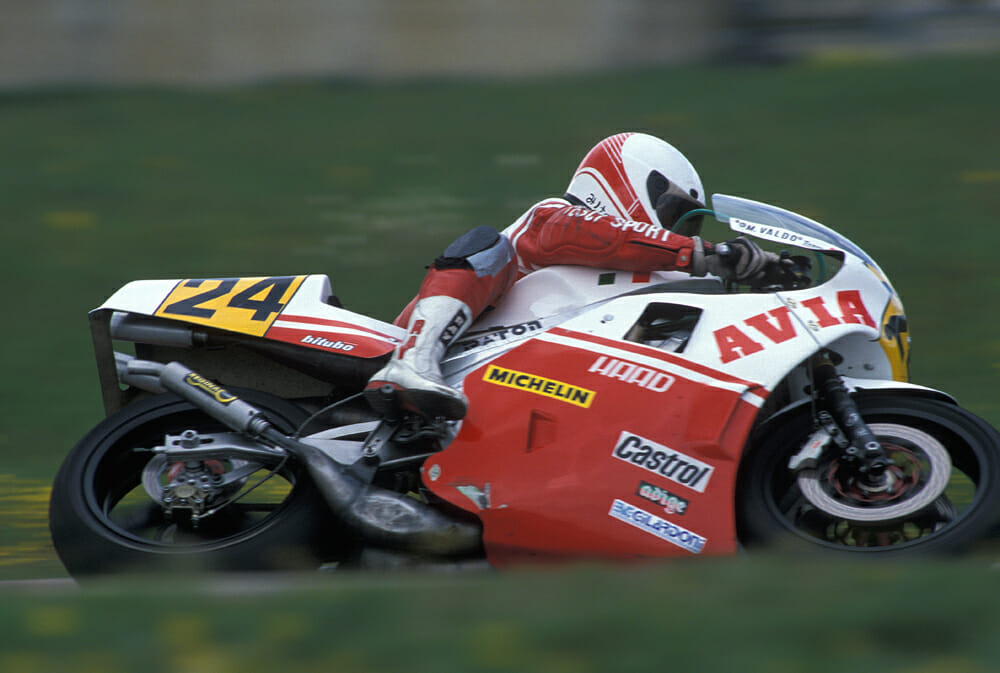 Vittorio Scatola takes the 500cc Paton to victory at Misano in the 1989 European 500cc Championship.