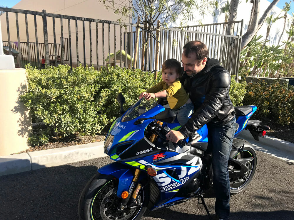 Rennie Scaysbrook and son on the 2018 Suzuki GSX-R1000R.