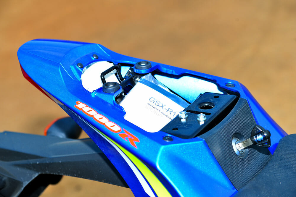 Storage space on the 2018 Suzuki GSX-R1000R.