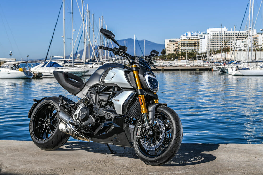 The 2019 Ducati Diavel 1260 S in Sandstone Grey with Charcoal Black frame.