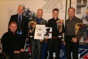 (From left to right) MotoAmerica President Wayne Rainey, AMA Chief Operating Officer Jeff Massey, crew chief Rick Hobbs, Cameron Beaubier and team manager Tom Halverson celebrate Beaubier's Superbike Championship at the Night of Champions.|Photo by Brian J. Nelson