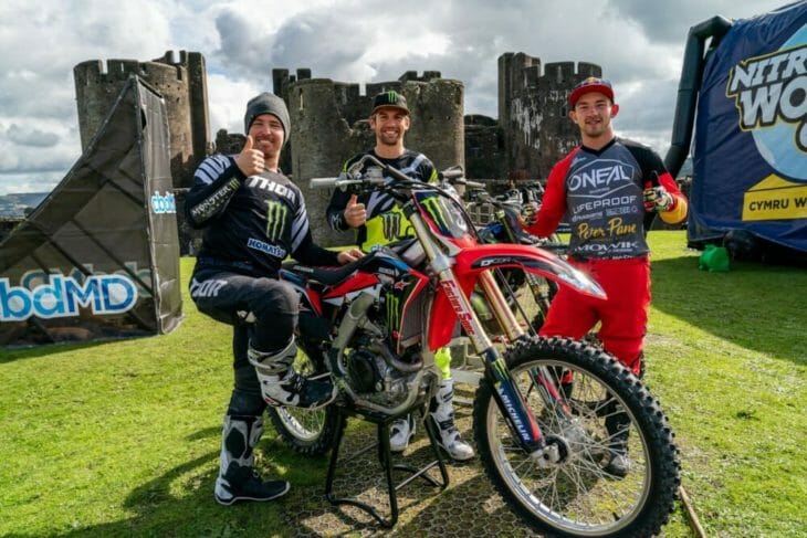 World-Renowned Freestyle Motocross Athletes Josh Sheehan, Jackson Strong and Luc Ackermann Land First Ever Three-Rider Double Backflip Train Outside Historic Caerphilly Castle