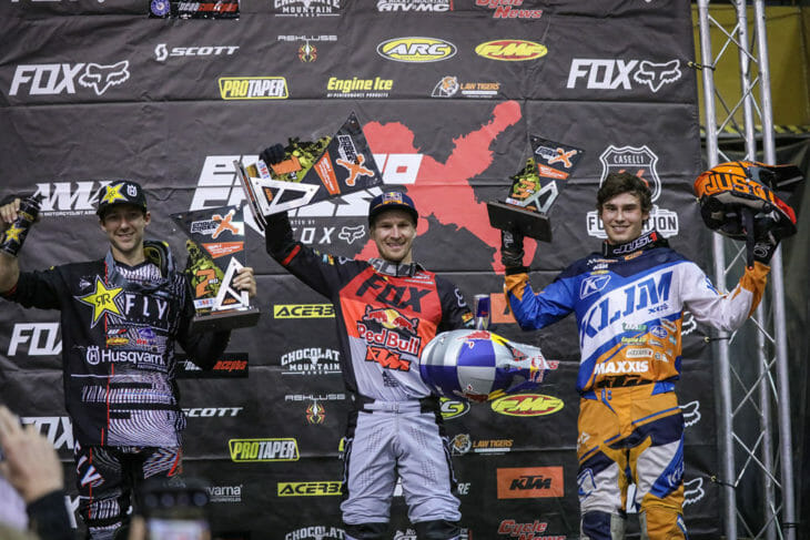 Taddy Blazusiak (center), Colton Haaker (left) and Trystan Hart earned the top three spots after three exciting motos of racing in Denver, Colorado. Photo: Jack Jaxon