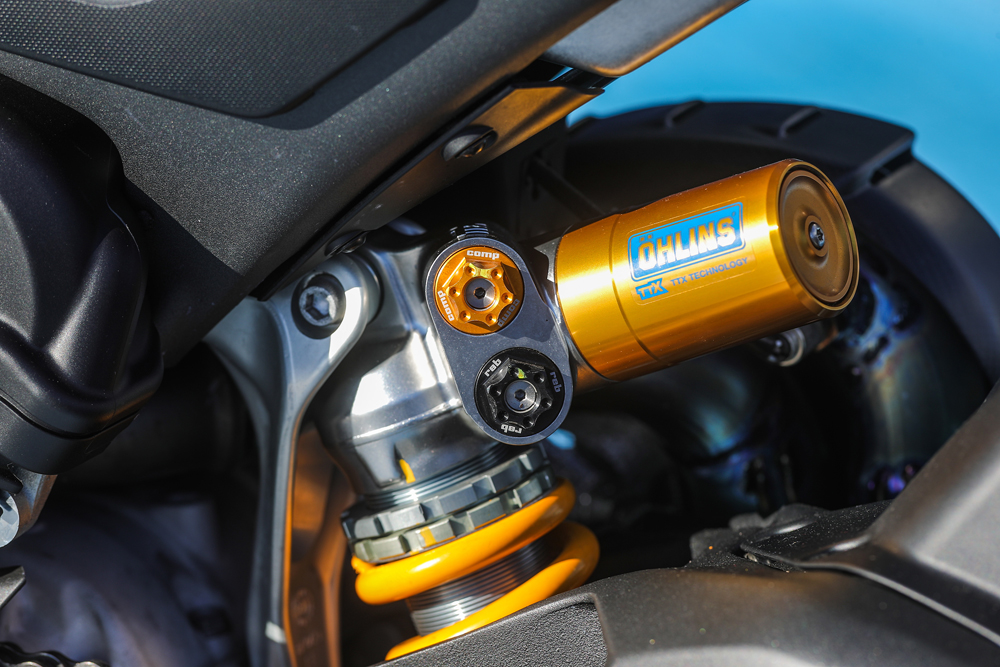 Ӧhlins’ Superstock-spec TTX36 race shock provides a stiff but direct feel on the 2019 Ducati Panigale V4 R.