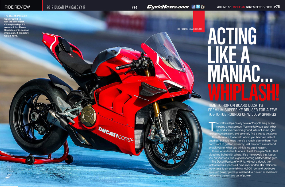 Here’s the Cycle News’ 2019 Ducati Panigale V4 R review, tested at Willow Springs Raceway.