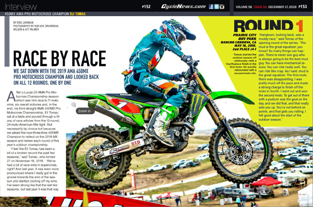 In Cycle News’ 2019 450MX AMA Pro Motocross Champion Eli Tomac Interview, Tomac looks back on all 12 rounds, one by one.