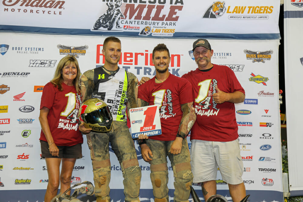 The Bauman Family celebrates Briar’s championship win with (L-R) Lisa, Briar, Bronson and Barry. Photo: American Flat Track/Scott Hunter