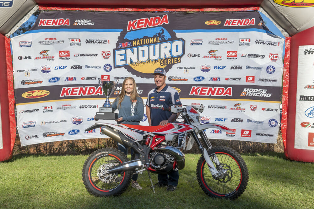 2020 Beta Cup Champion Alexis Phillips with Beta's Rodney Smith and Alexis' new Beta 250rr from winning in 2019. 
