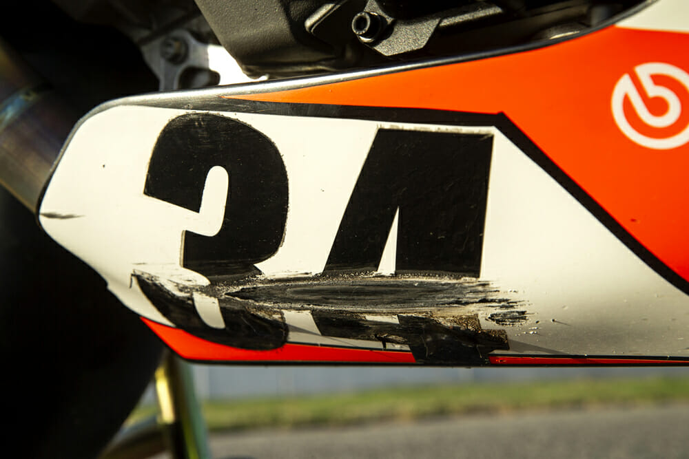 Boulder Park still caused a few scrapes and bumps on the Pikes Peak-Winning Aprilia Tuono 1100 RSV Factory racebike