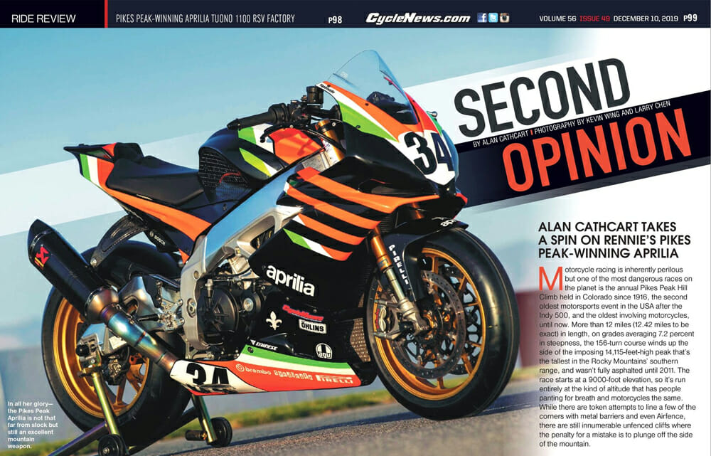 Alan Cathcart takes a spin on Rennie’s Pikes Peak-winning Aprilia Tuono 1100 RSV Factory