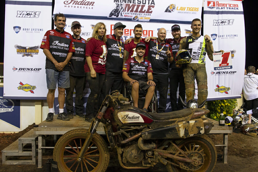 The Factory Indian Motorcycle Flat Track Team celebrates the championship: (L-R) Dave Zanotti, Clayton Gatewood, Michelle Disalvo, Paul Langley, Bronson Bauman, Dean Young, Gary Gray, Briar Bauman and Brad Baker.