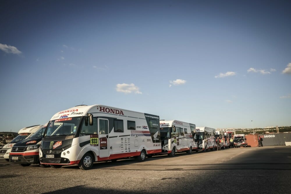 Monster Energy Honda Team Vehicles at technical scrutineering at the Paul Ricard Circuit in Le Castellet near Marseille, France, en route to the 2020 Dakar Rally.