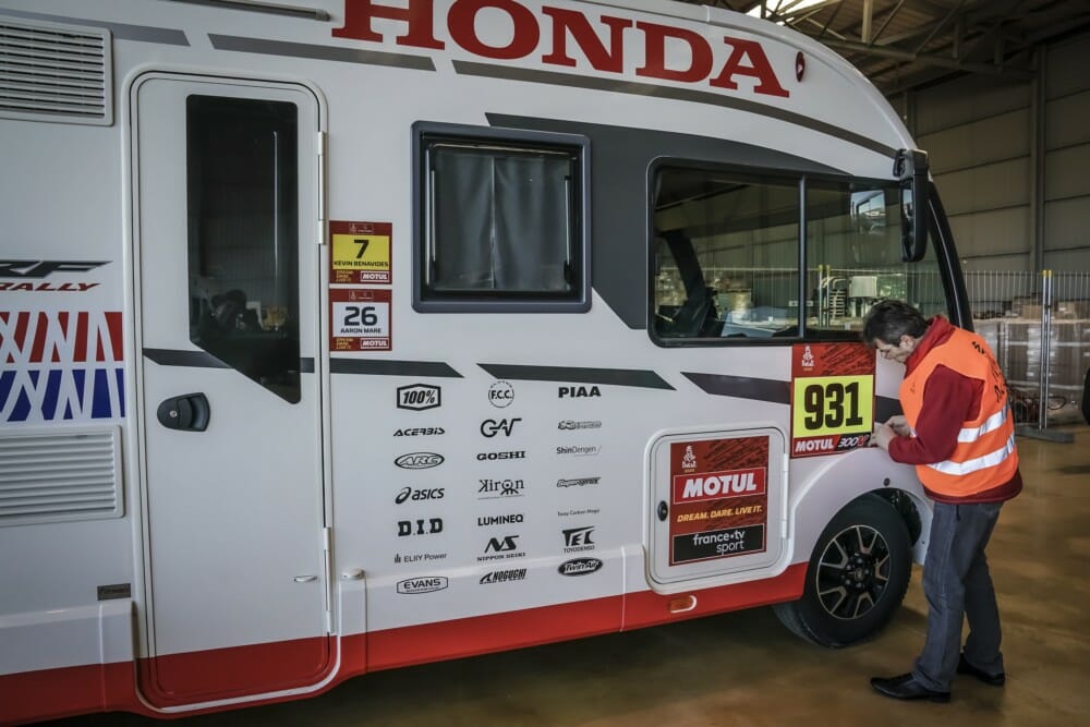 Monster Energy Honda Team Vehicles at technical scrutineering at the Paul Ricard Circuit in Le Castellet near Marseille, France, en route to the 2020 Dakar Rally.