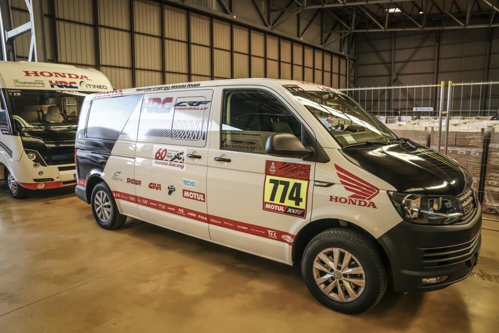 Monster Energy Honda Team Vehicles at technical scrutineering at the Paul Ricard Circuit in Le Castellet near Marseille, France, en route to the 2020 Dakar Rally.
