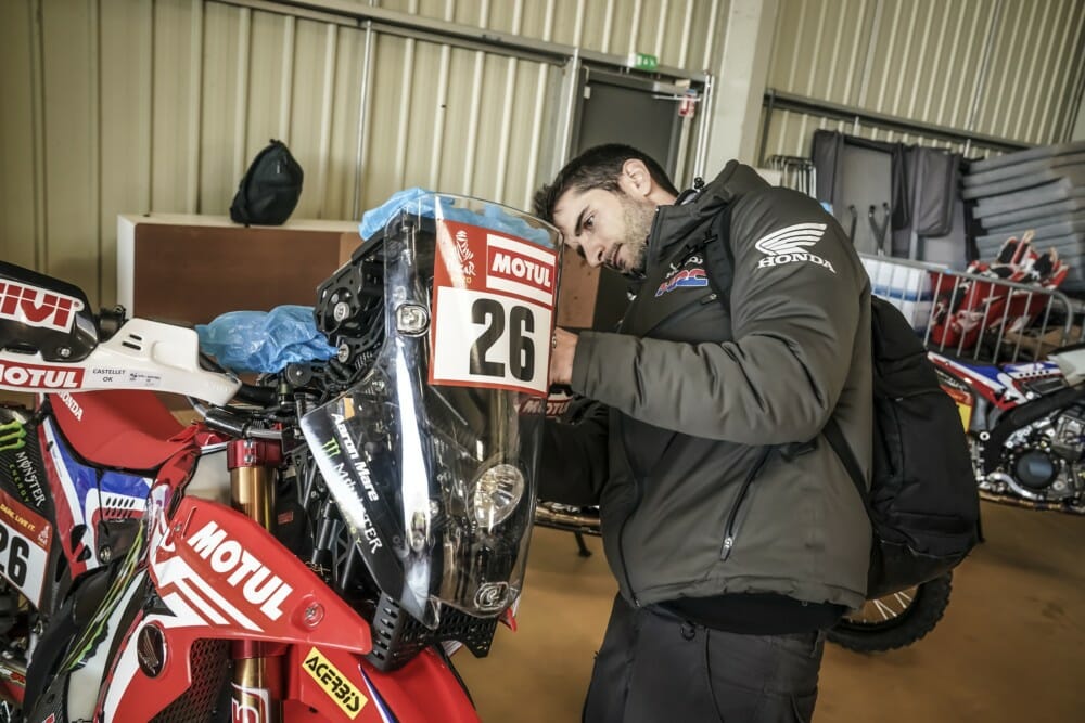Monster Energy Honda Team Vehicles at technical scrutineering at the Paul Ricard Circuit in Le Castellet near Marseille, France, en route to the 2020 Dakar Rally.