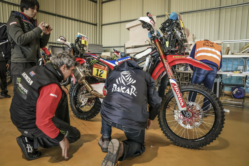Monster Energy Honda Team Vehicles at technical scrutineering at the Paul Ricard Circuit in Le Castellet near Marseille, France, en route to the 2020 Dakar Rally.