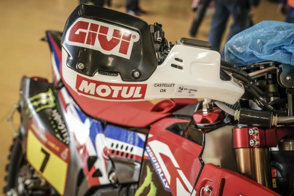 Monster Energy Honda Team Vehicles at technical scrutineering at the Paul Ricard Circuit in Le Castellet near Marseille, France, en route to the 2020 Dakar Rally.