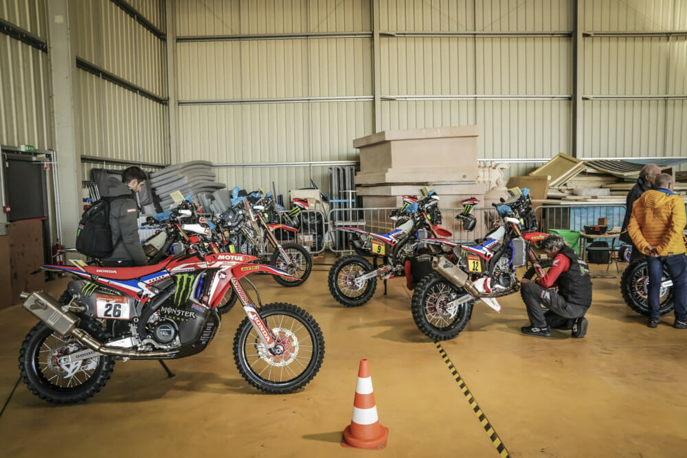 Monster Energy Honda Team Vehicles at technical scrutineering at the Paul Ricard Circuit in Le Castellet near Marseille, France, en route to the 2020 Dakar Rally.