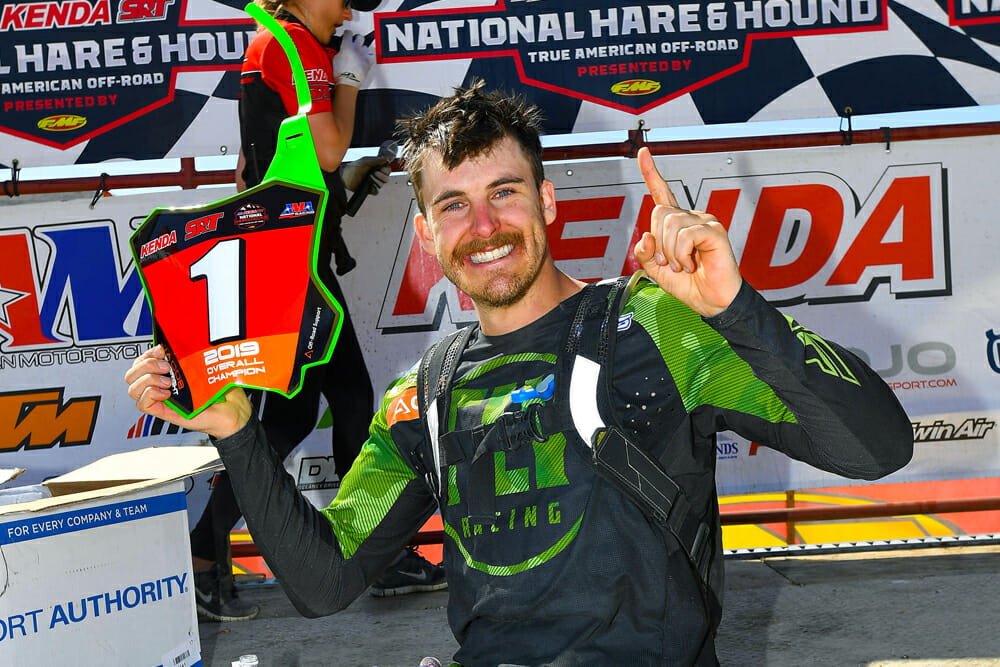 Jacob Argubright celebrates his first AMA Hare & Hound title after many years of trying.