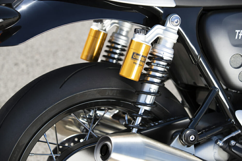 The twin shocks on the 2020 Triumph Thruxton RS.