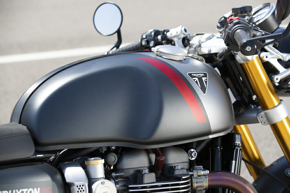 The fuel tank on the 2020 Triumph Thruxton RS.