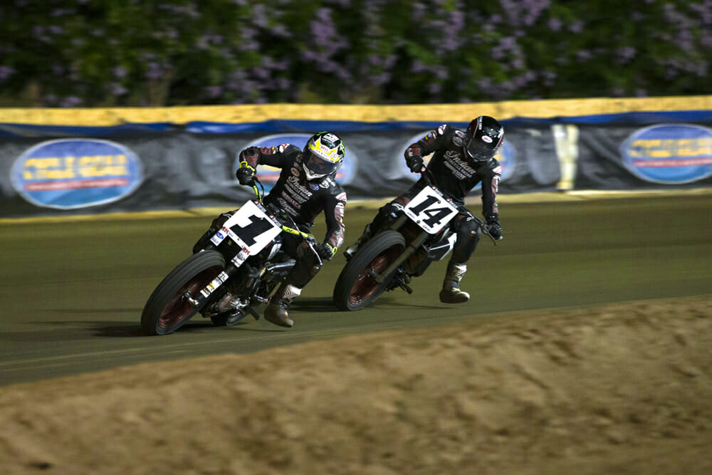 Jared Mees (1) and Briar Bronson (14) race in the AFT SuperTwins class.