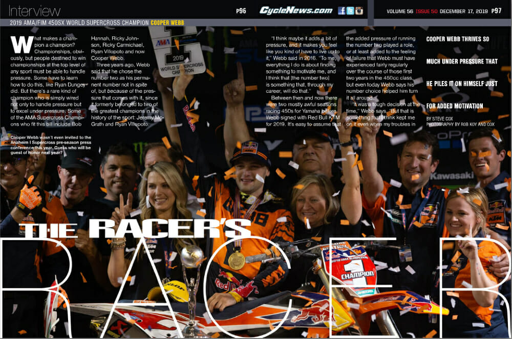 2019 AMA 450cc Supercross Champion Cooper Webb Interview in Cycle News magazine