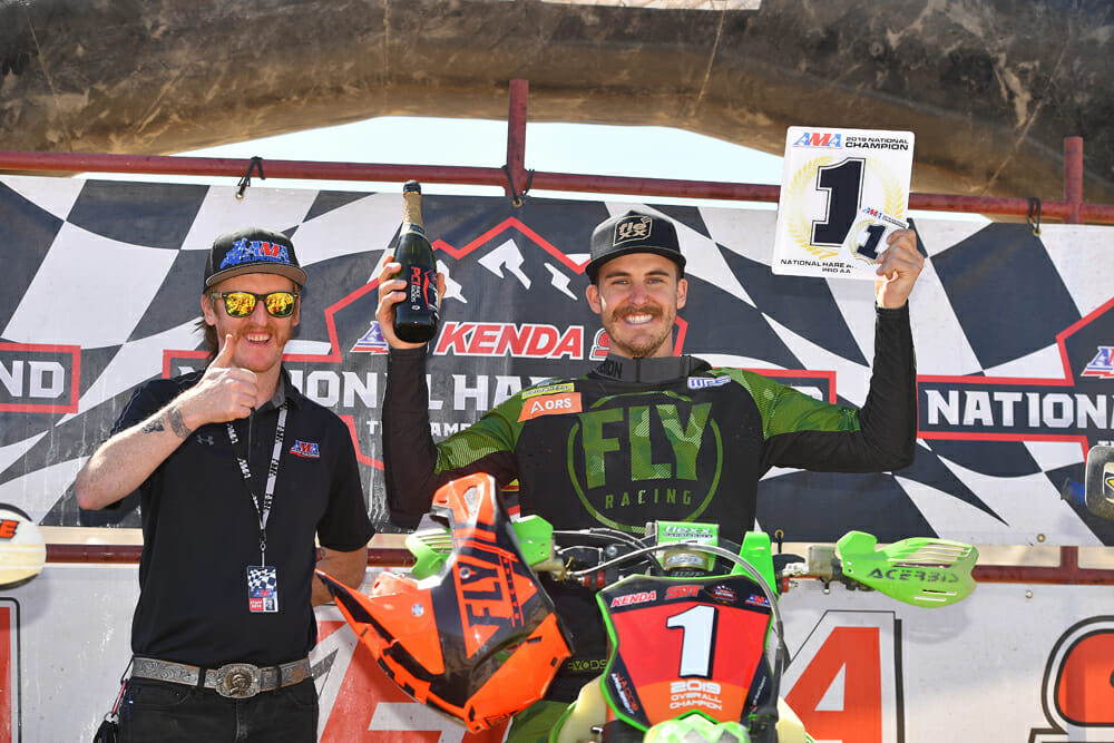 Jacob Argubright celebrates his first AMA Hare & Hound title after many years of trying.