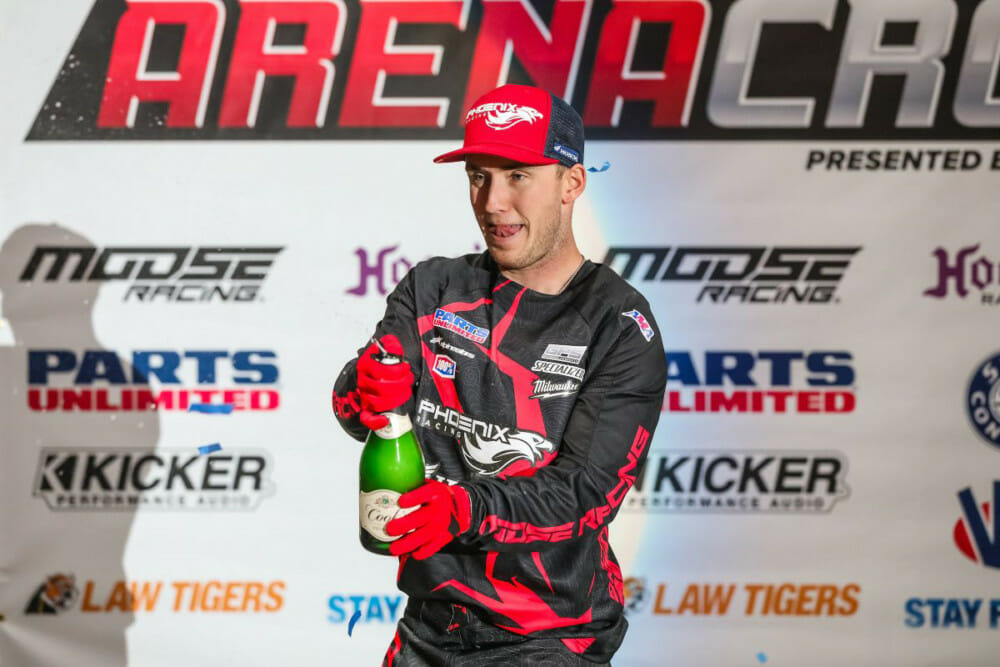 Phoenix Racing Honda Team rider, Kyle Peters, celebrating after a successful weekend in Loveland, Colorado at 2020 Kicker Arenacross.