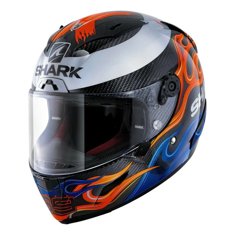 Shark has a new 2020 edition of Lorenzo Replica graphics on its high end carbon-fiber Race-R Pro Carbon helmet.