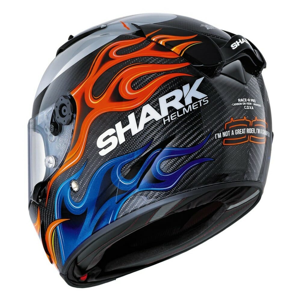 Shark has a new 2020 edition of Lorenzo Replica graphics on its high end carbon-fiber Race-R Pro Carbon helmet.