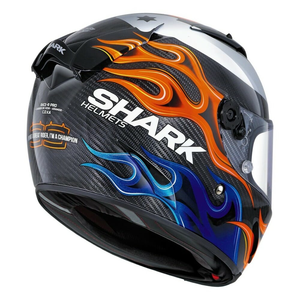 Shark has a new 2020 edition of Lorenzo Replica graphics on its high end carbon-fiber Race-R Pro Carbon helmet.