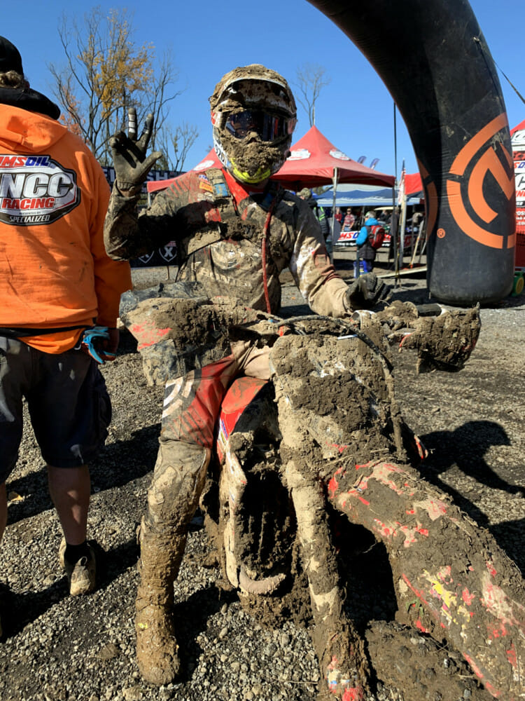 The author and the 2020 Honda CRF250RX at the end of the 2020 Ironman GNCC race.