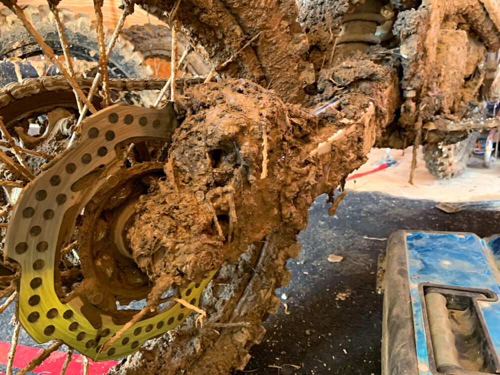 The rear brake of the 2020 Honda CRF250RX was still in working order even after nearly three hours of racing in the mud.
