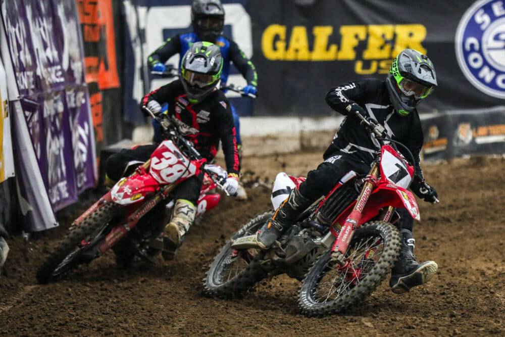 Phoenix Racing Honda Team riders Kyle Peters (left) and Jace Owen (right) during the 450 Pro Main on Friday night in Reno, Nevada at Arenacross.