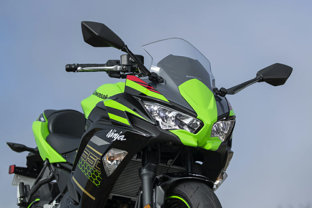 The reworked headlight and cowl on the 2020 Kawasaki Ninja 650 are obviously inspired by its ZX cousins.