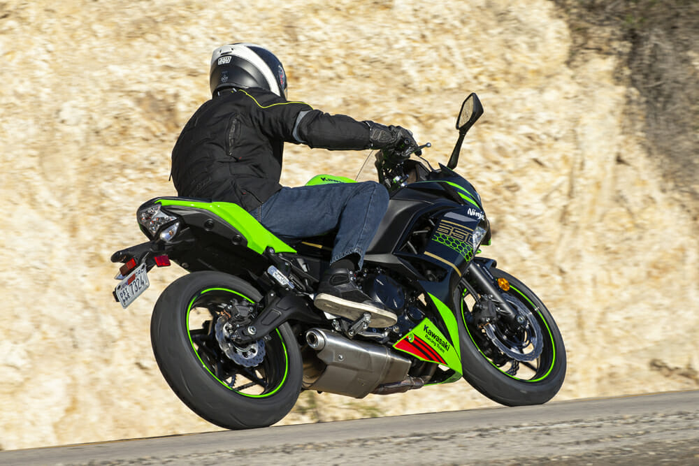 The 2020 Kawasaki Ninja 650 has under-the-engine mufflers.