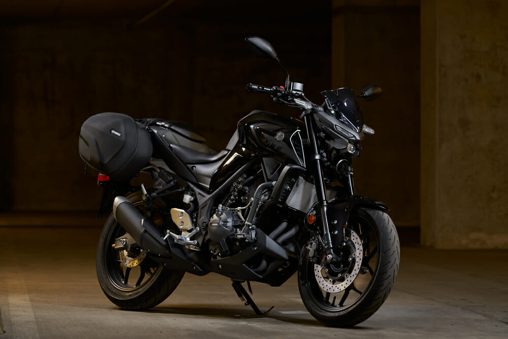Yamaha's accessory range for the 2020 Yamaha MT-03 includes a touring pack like this and a sporting version with different levers and crash add-ons.